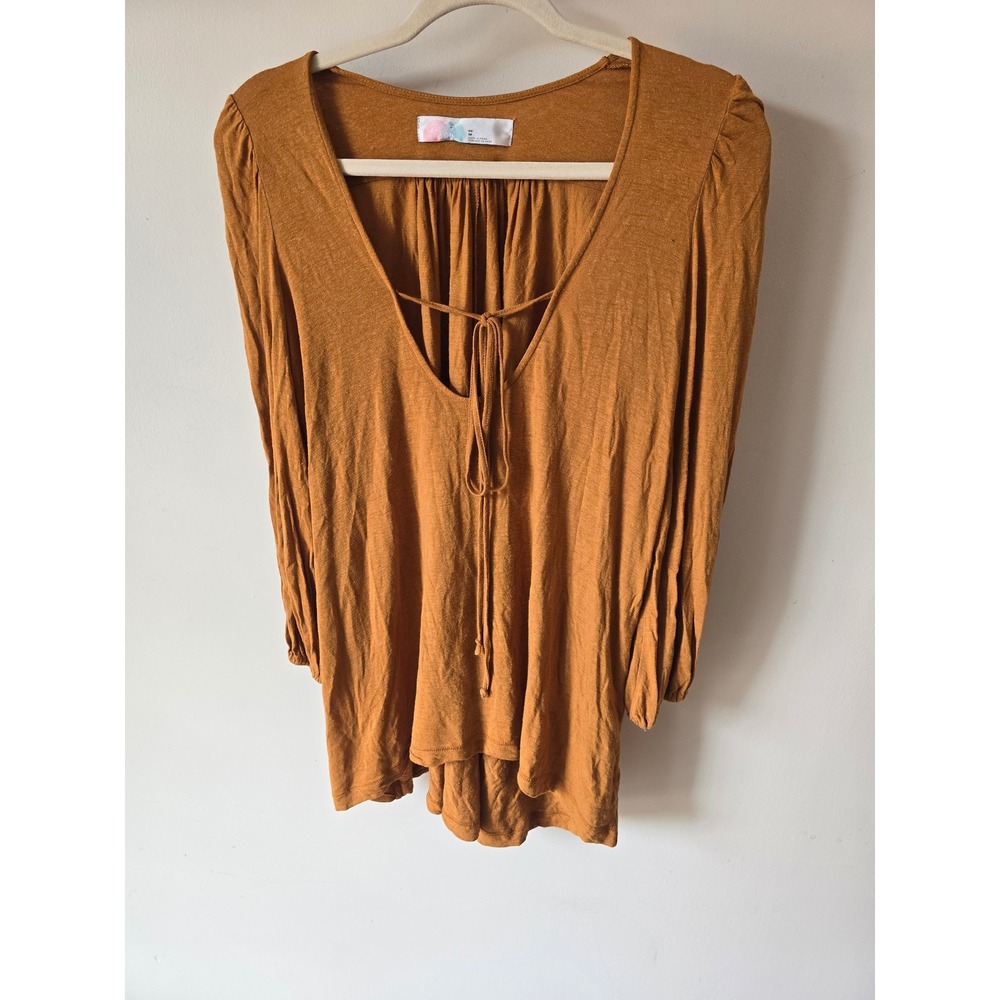 Free People Beach Women XS Mustard Ochre Rayon Linen Deep V-Neck Tie Boho Top